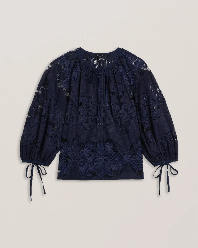 Bacina Lace Puff Sleeve Blouse Dk-Blue