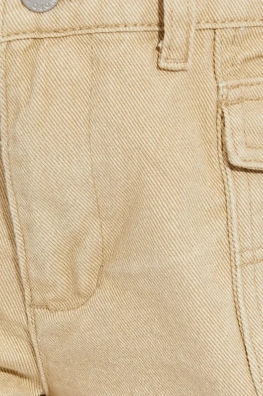 Beige Cargo Denim Shorts Low Rise