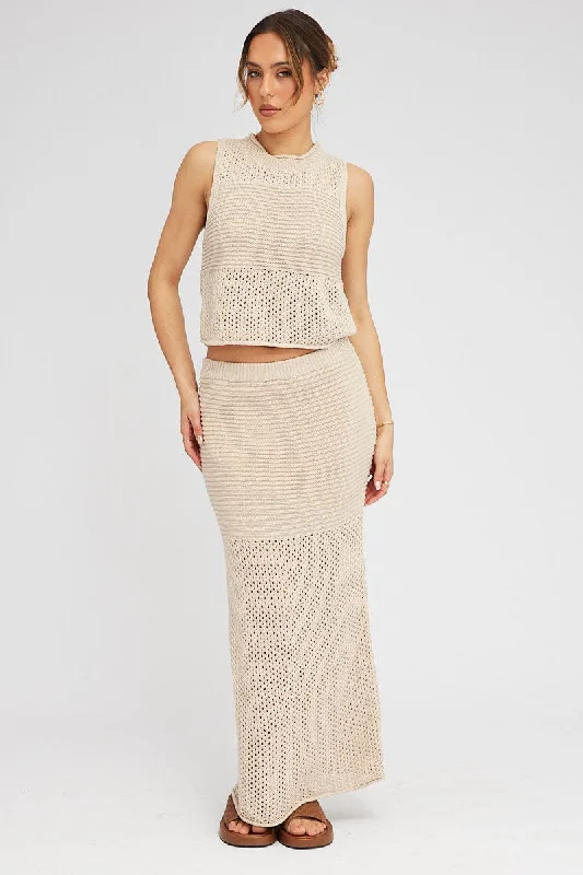 Beige Knit Skirt Midi Crochet