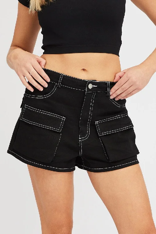 Black Cargo Shorts Contrast Stitching