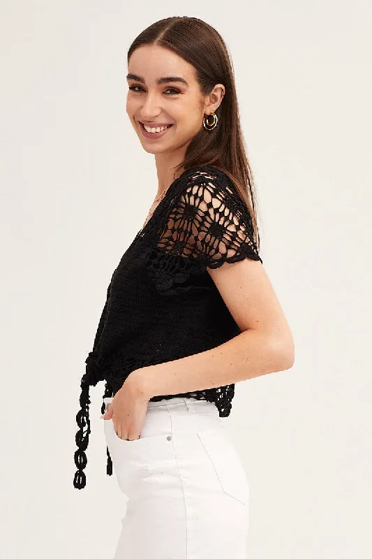 Black Crochet Cardigan Short Sleeve Tie Up