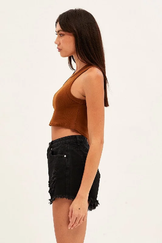 Black Denim Shorts High Rise Distressed Relaxed