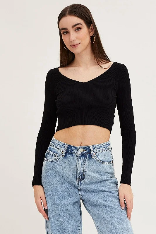 Black Knit Top Long Sleeve Crop V-Neck