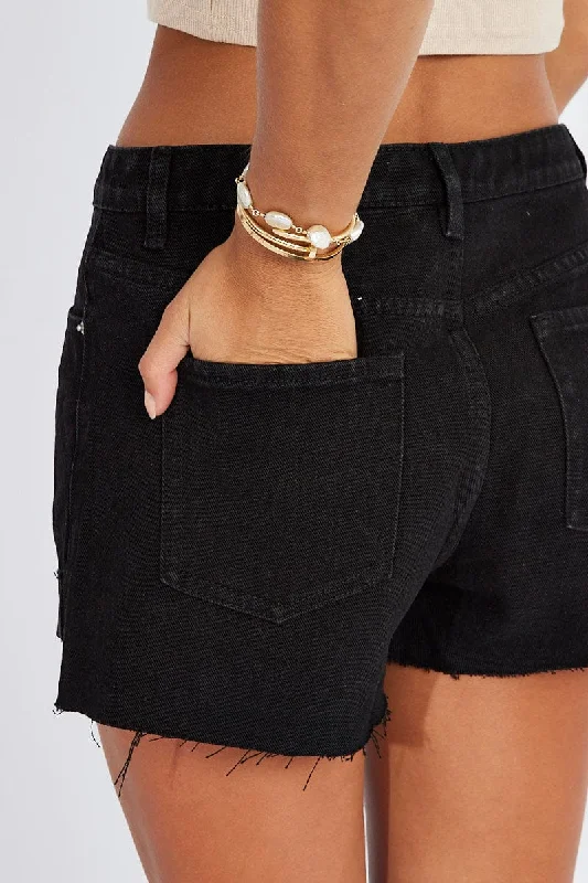 Black Relaxed Denim Shorts High Rise