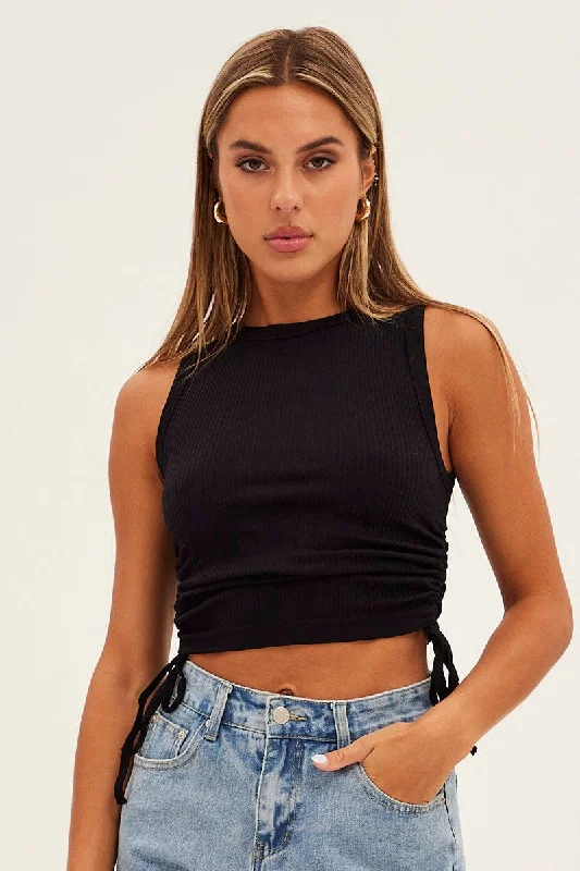 Black Ruched Tank Top Crew Neck Seamless