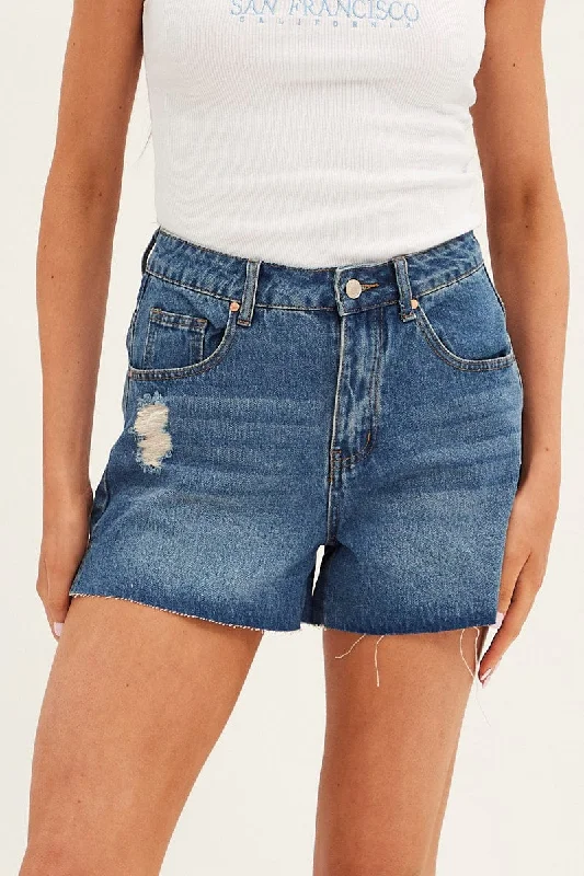 Blue Relaxed Denim Shorts High Rise