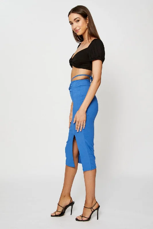 Blue Ribbed Bodycon Midi Skirt