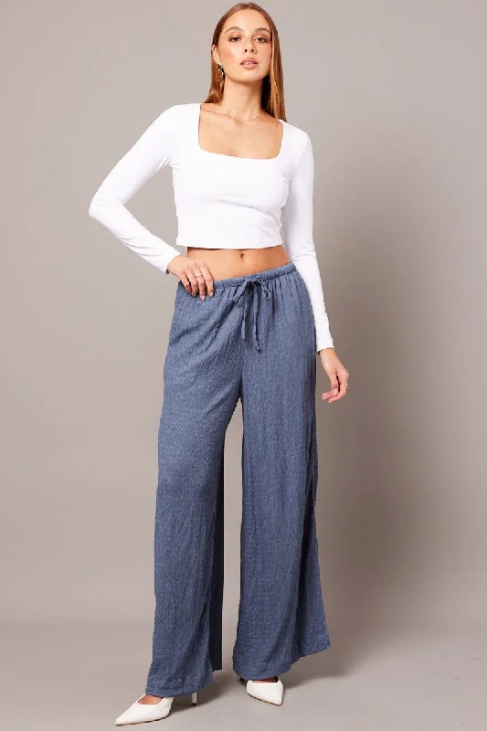 Blue Wide Leg Pants High Rise Textured Fabric