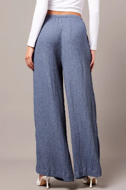 Blue Wide Leg Pants High Rise Textured Fabric