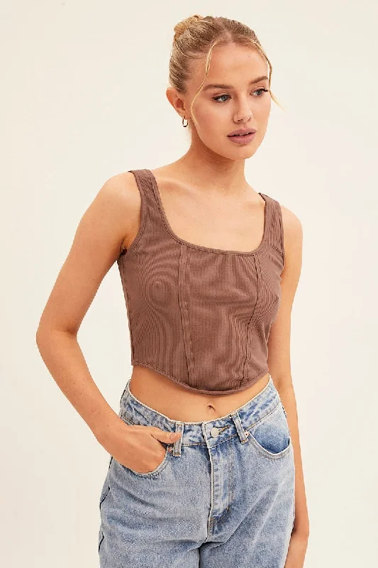 Brown Corset Crop Rib Curve Hem Tank