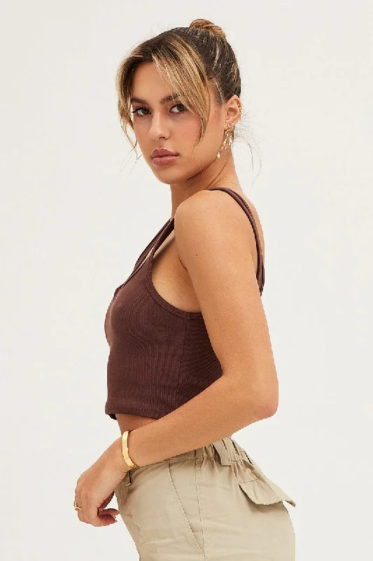 Brown Tank Rib Notch Cropped Rib