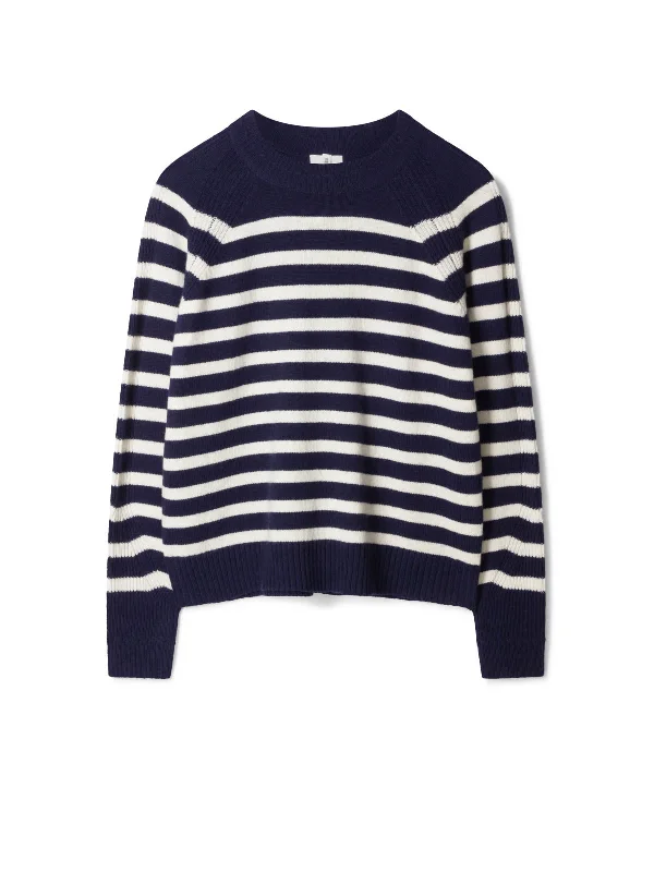 Celaeno Striped Lambswool Funnel Neck Jumper - Navy