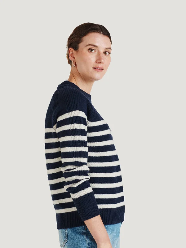 Celaeno Striped Lambswool Funnel Neck Jumper - Navy