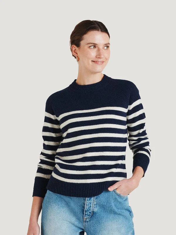 Celaeno Striped Lambswool Funnel Neck Jumper - Navy