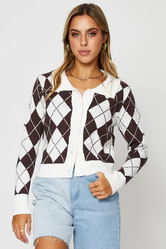 Check Knit Cardigan Long Sleeve Collared