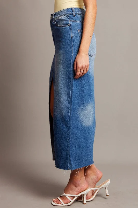 Denim Maxi Skirt High Rise Front Split