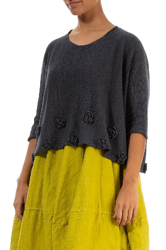 Flowers Decorated Graphite Linen Jumper