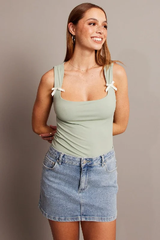 Green Supersoft Tank Scoop Neck Sleeveless Ribbon