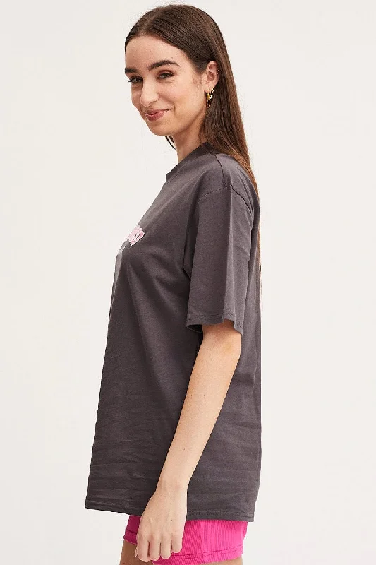 Grey Graphic T Shirt Short Sleeve Embroided