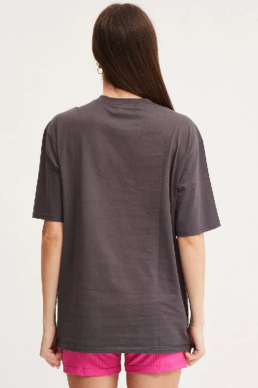 Grey Graphic T Shirt Short Sleeve Embroided