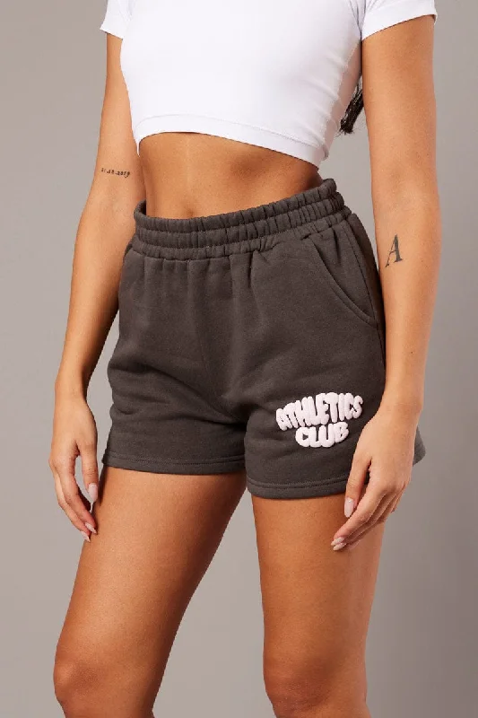 Grey Track Shorts High Rise Elastic Waist