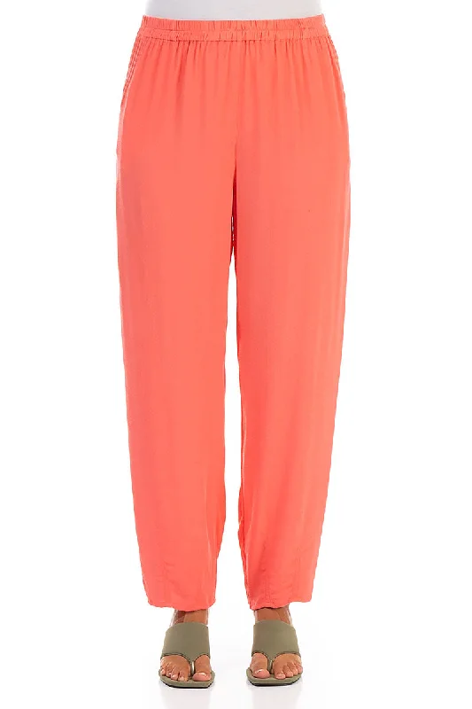 Long Tapered Living Coral Viscose Trousers