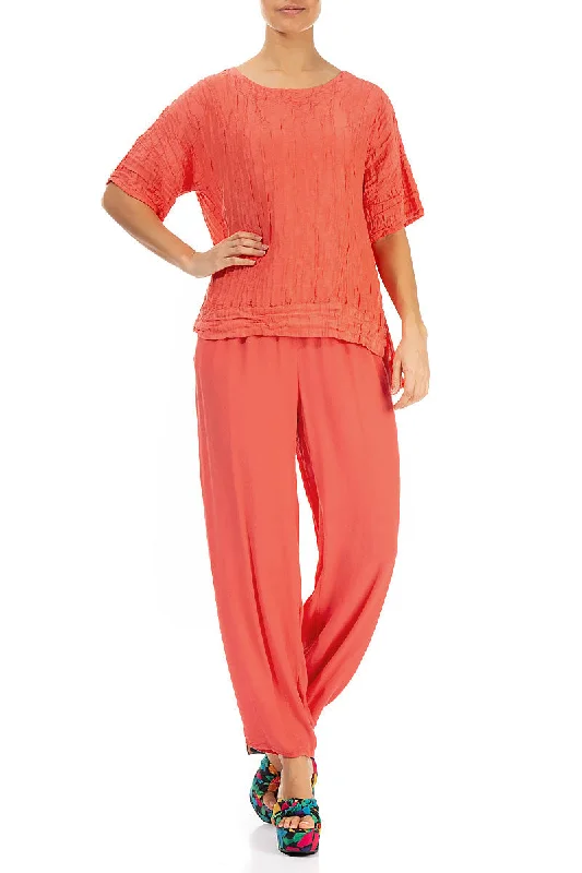 Long Tapered Living Coral Viscose Trousers