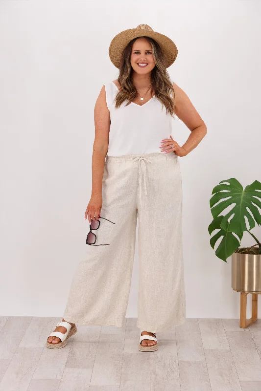 Miracle Tracey Wide Leg Linen Drawstring Pant Natural