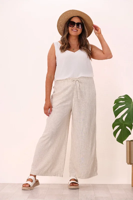 Miracle Tracey Wide Leg Linen Drawstring Pant Natural