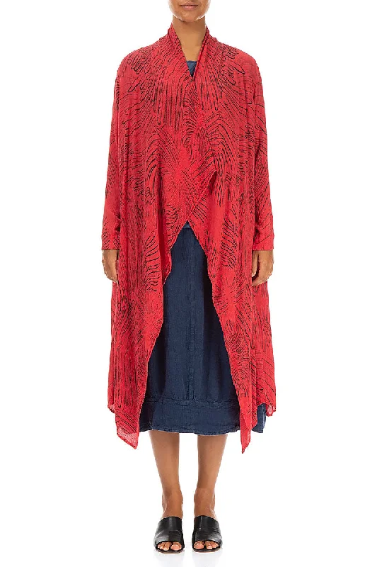 Open Feathers Poppy Red Crinkled Silk Viscose Jacket