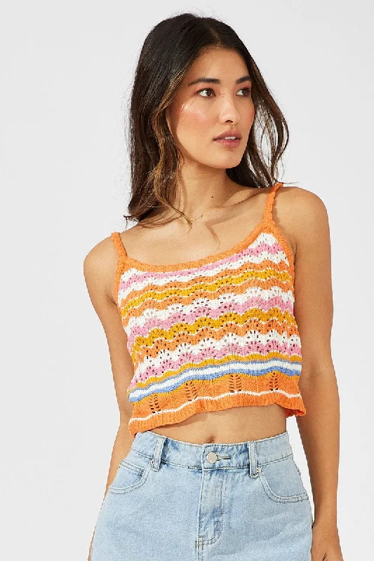 Orange Stripe Knit Singlet Sleeveless Scoop Neck Crochet