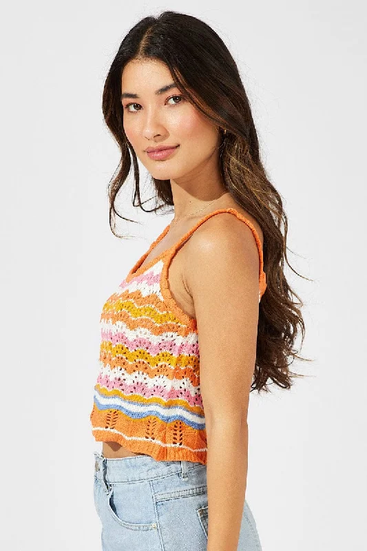 Orange Stripe Knit Singlet Sleeveless Scoop Neck Crochet