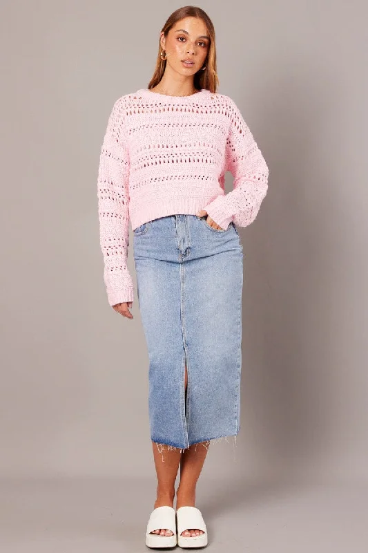 Pink Crochet Jumper Long Sleeve Crew Neck