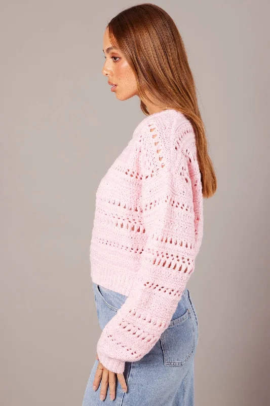 Pink Crochet Jumper Long Sleeve Crew Neck