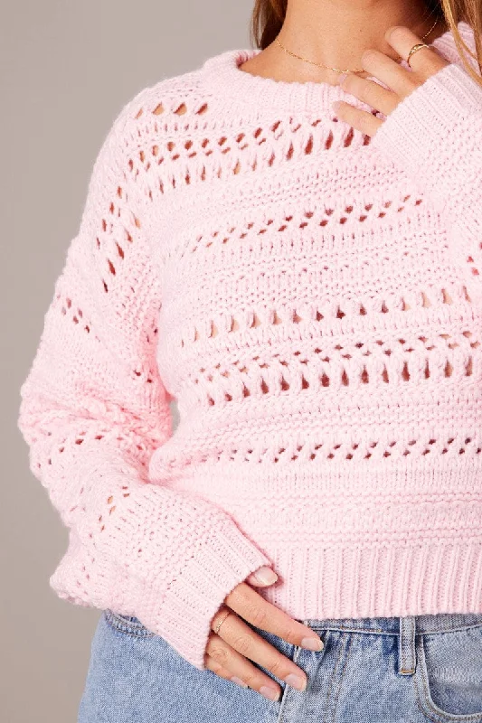 Pink Crochet Jumper Long Sleeve Crew Neck