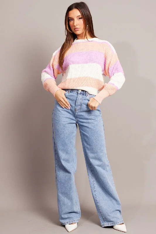 Pink Stripe Knit Jumper Long Sleeve Color Block