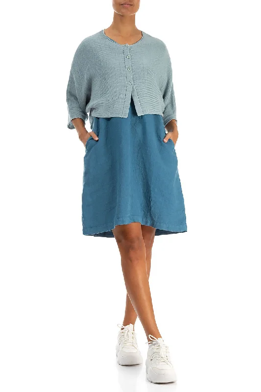 Rounded Sky Blue Linen Cardigan