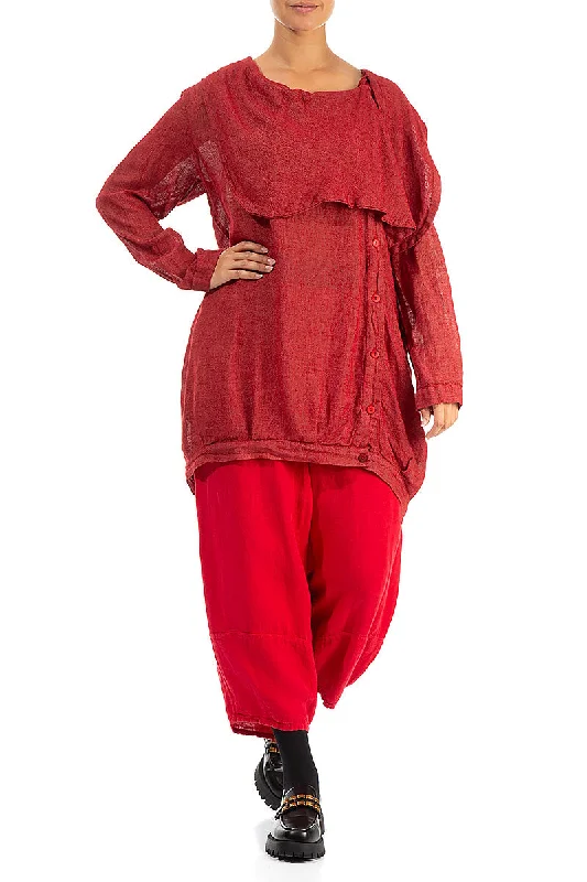 Side Closure Red Linen Tunic