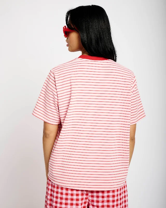 Statement Tee in Stripe with Embroidery GrapeFruit