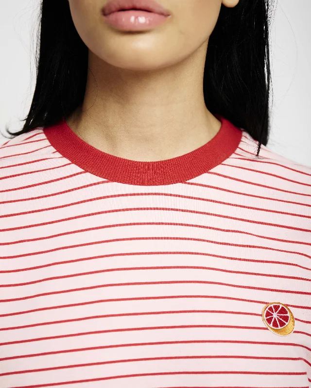 Statement Tee in Stripe with Embroidery GrapeFruit