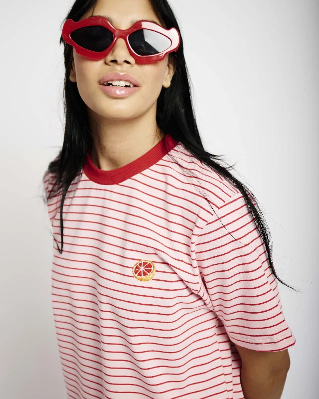 Statement Tee in Stripe with Embroidery GrapeFruit