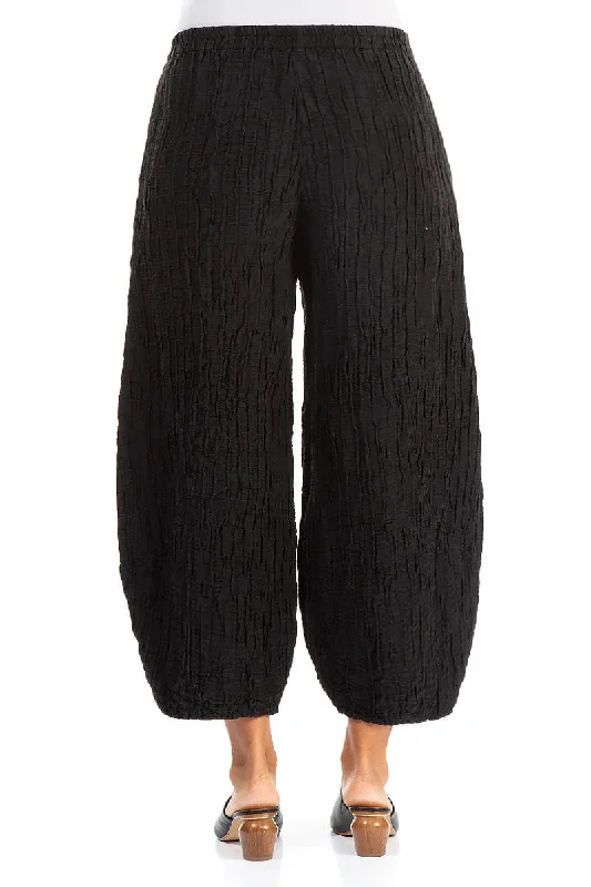 Taper Crinkled Black Silk Trousers