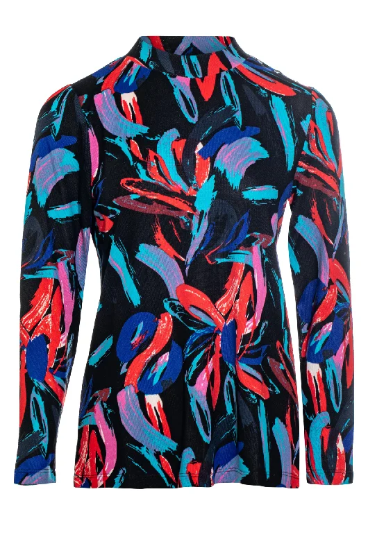 Turtle neck printed Warm Touch Top | Bright Blk Brshstroke | 7902ZZ