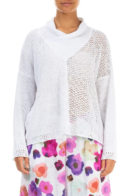 V-Neck Overlap White Linen Jumper