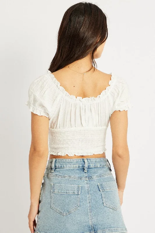 White Crop Top Short Sleeve Shirred Waist