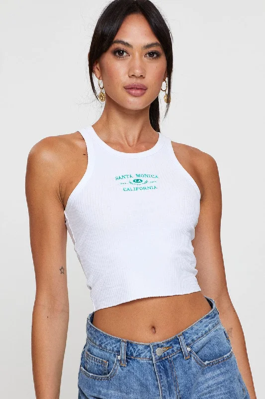 White Graphic Tank Embroided