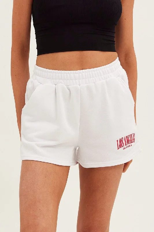 White Track Short Elastic Waist Embroidery Cotton Blend