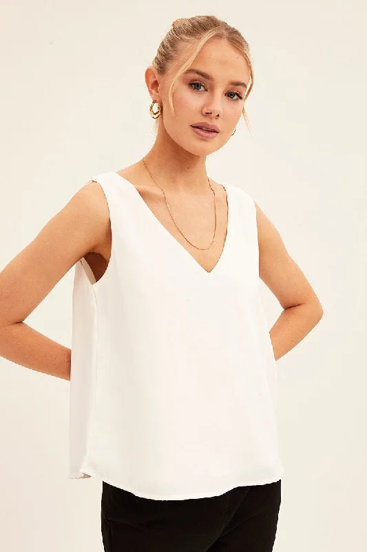 White Workwear Tank Deep V Sleeveless