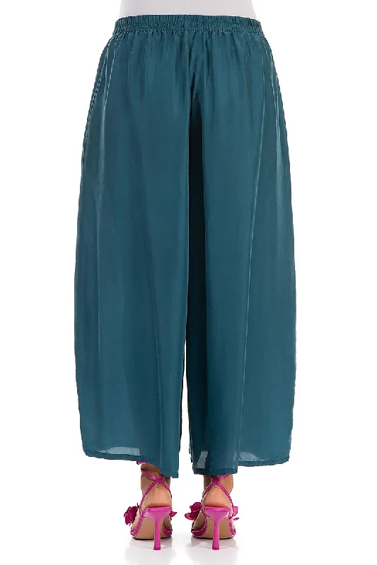 Wide Dark Teal Silk Trousers