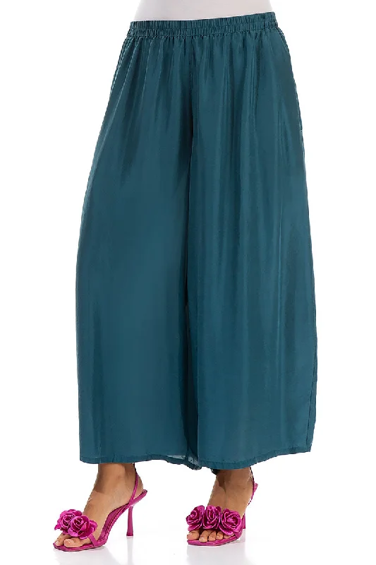 Wide Dark Teal Silk Trousers